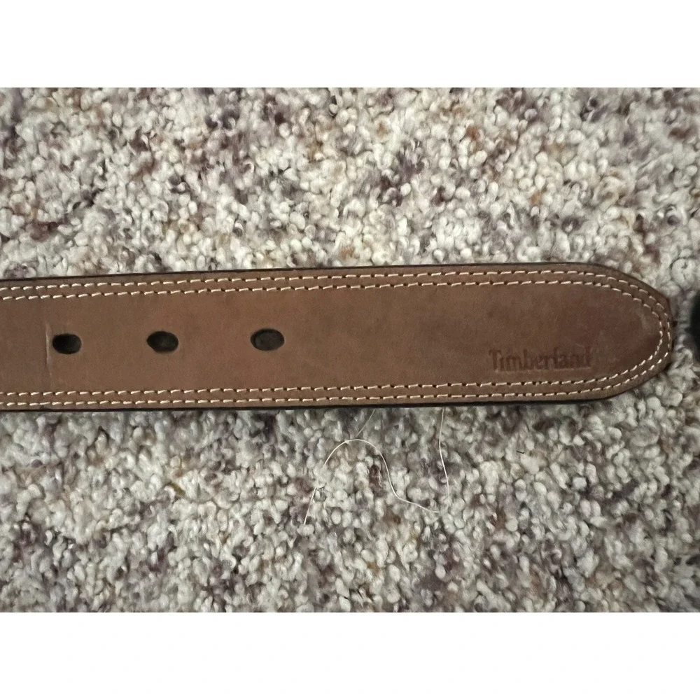 Timberland Men's Camel Brown Leather‎ Belt Sz 42 Stitches Details Silver Buckle
